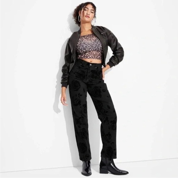 wild fable Denim - Wild Fable Flocked Floral High Rise Straight Leg Easy Rigid Black Jeans | NWT!